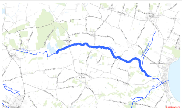 Figur 1 - Projektområde-Skjold Å  (rød linje - øverst)