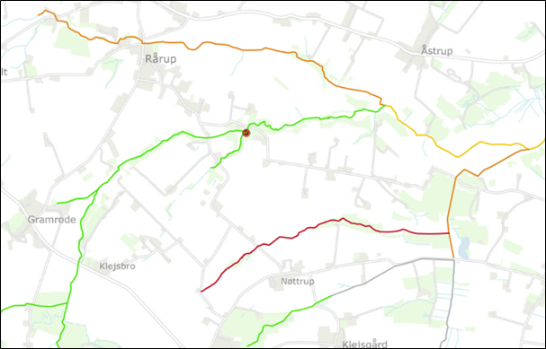 Figur 1 - Projektområde for etablering af faunapassage ved Egelund Mølle i Egelund Å (rød prik)