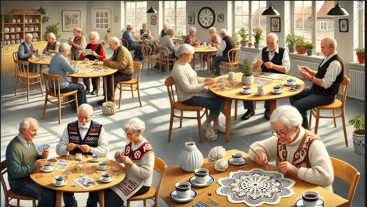 ældre mennesker sidder ved borde og laver kreative ting